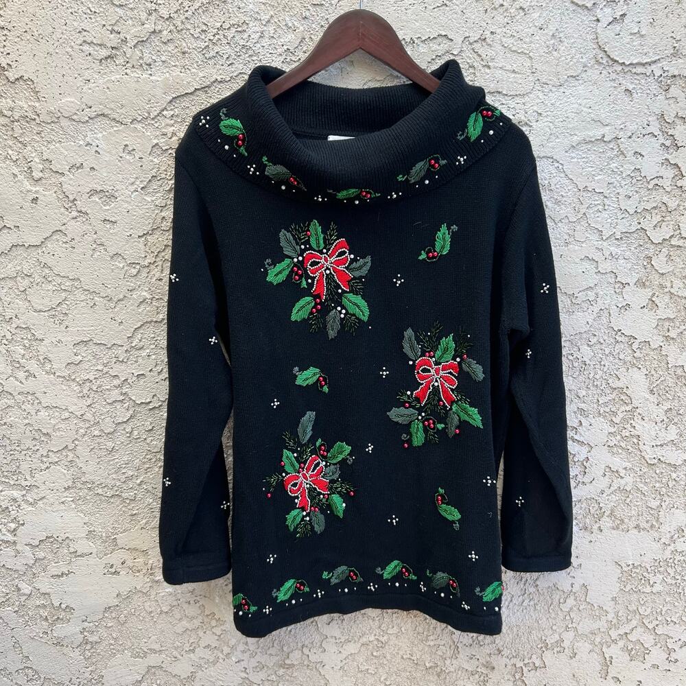 Vintage Victoria Jones Beaded Holiday Sweater Black Size Womens Large